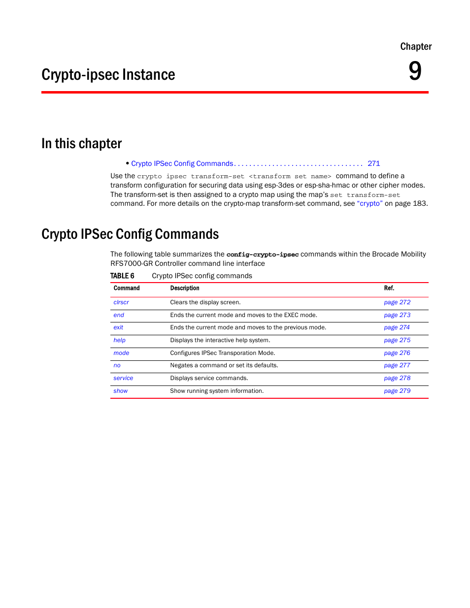 Crypto-ipsec instance, In this chapter, Crypto ipsec config commands | 9 crypto-ipsec instance, Chapter 9, “crypto-ipsec instance, Chapter | Brocade Mobility RFS7000-GR Controller CLI Reference Guide (Supporting software release 4.1.0.0-040GR and later) User Manual | Page 285 / 607