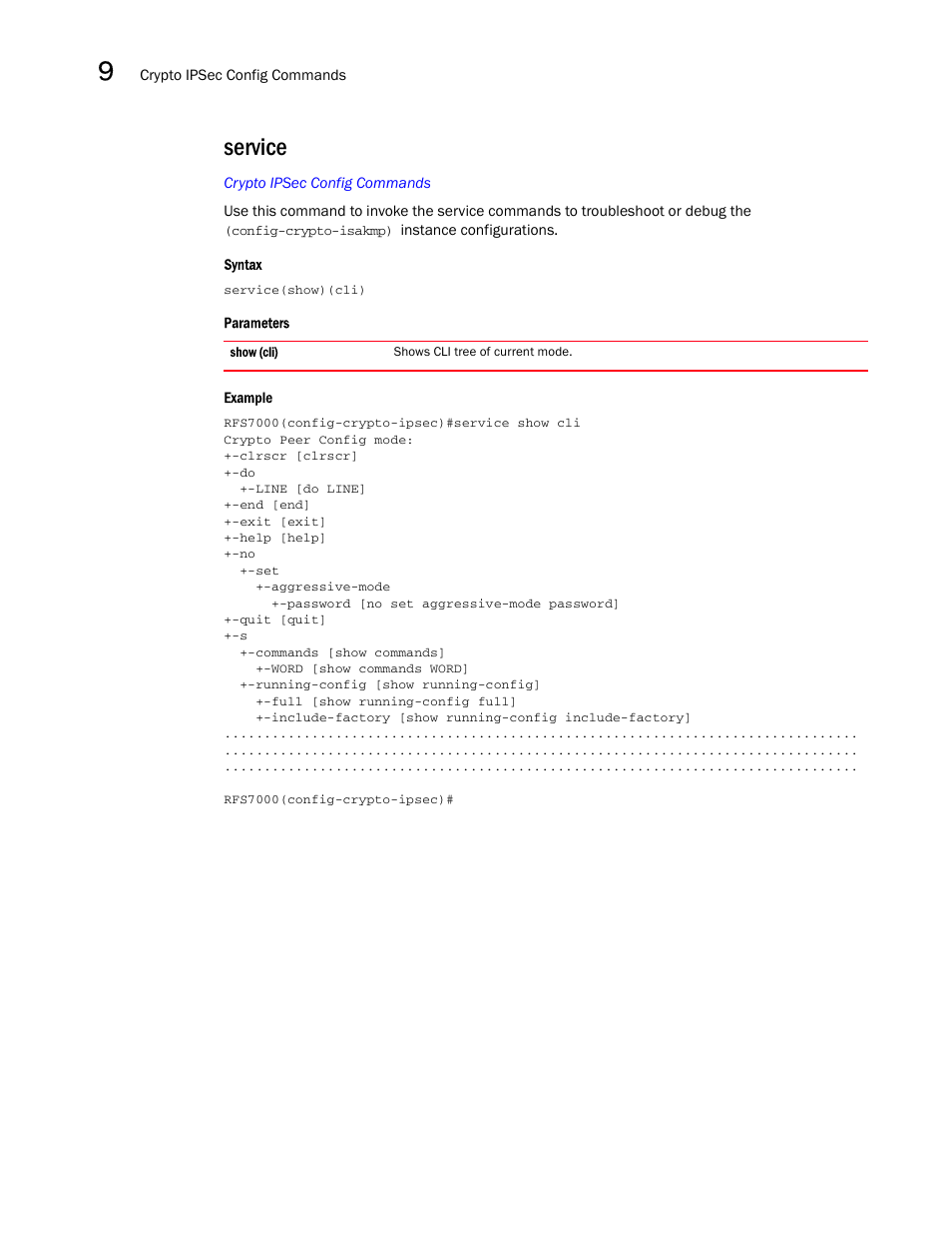 Service | Brocade Mobility RFS7000-GR Controller CLI Reference Guide (Supporting software release 4.1.0.0-040GR and later) User Manual | Page 292 / 607