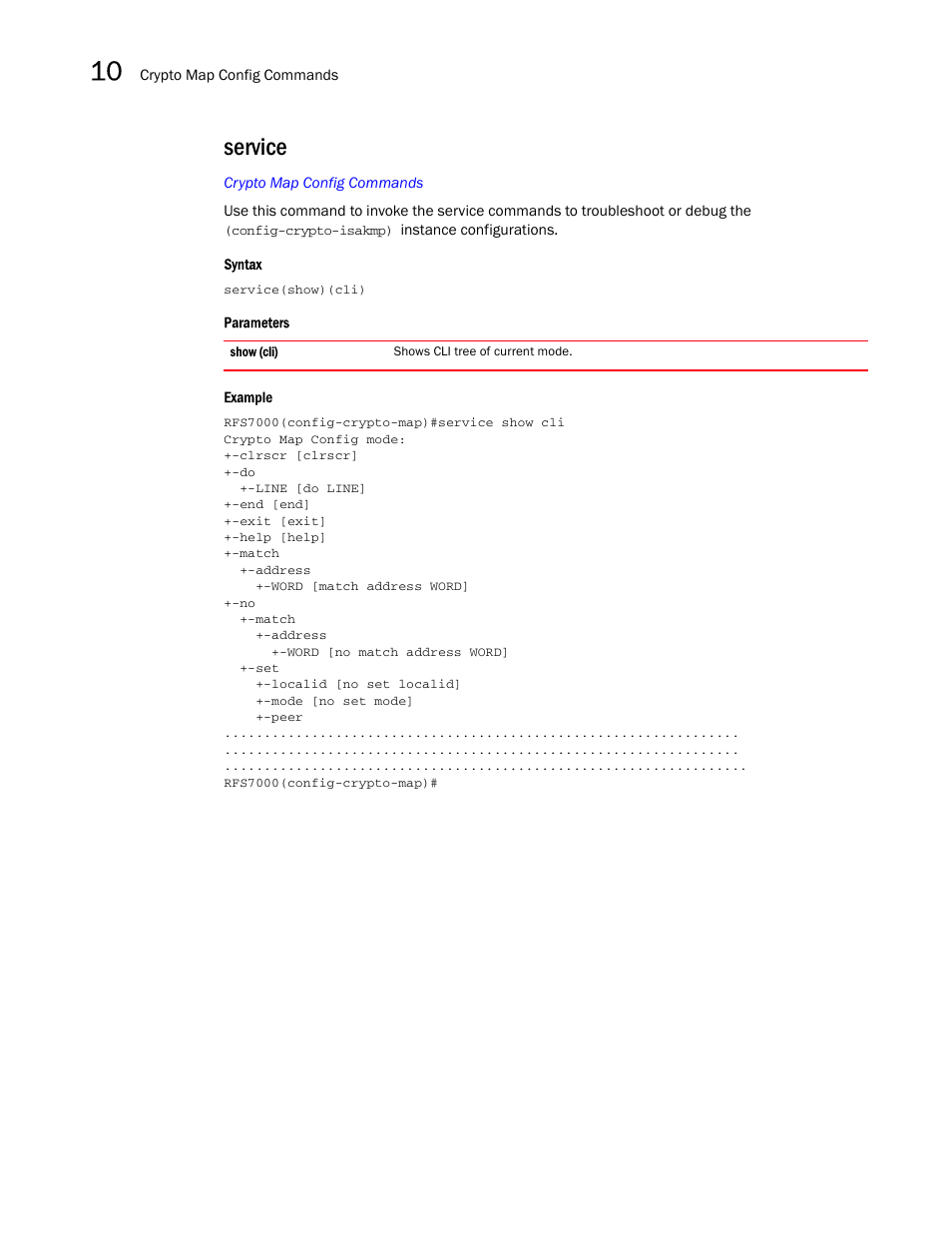 Service | Brocade Mobility RFS7000-GR Controller CLI Reference Guide (Supporting software release 4.1.0.0-040GR and later) User Manual | Page 302 / 607