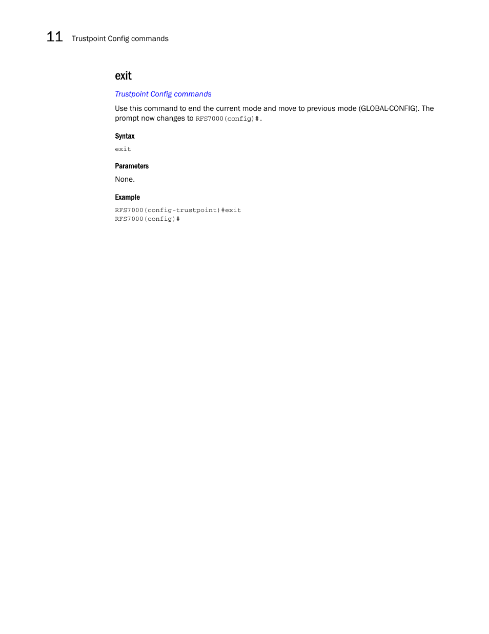 Exit | Brocade Mobility RFS7000-GR Controller CLI Reference Guide (Supporting software release 4.1.0.0-040GR and later) User Manual | Page 314 / 607