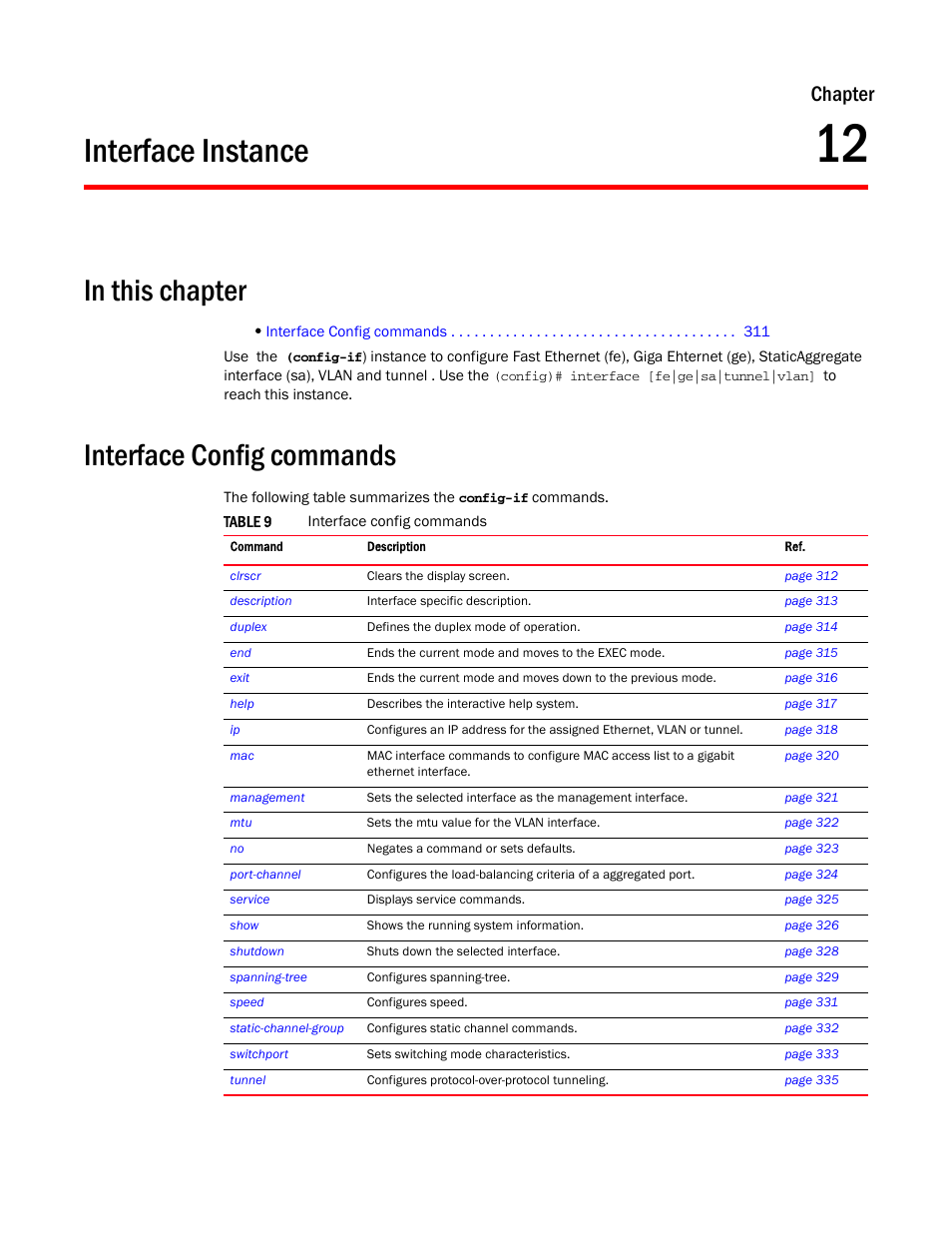 Interface instance, In this chapter, Interface config commands | 12 interface instance, Chapter 12, “interface instance, Interface, Chapter | Brocade Mobility RFS7000-GR Controller CLI Reference Guide (Supporting software release 4.1.0.0-040GR and later) User Manual | Page 325 / 607