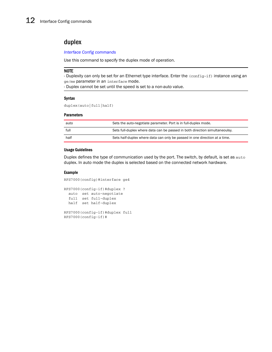Duplex | Brocade Mobility RFS7000-GR Controller CLI Reference Guide (Supporting software release 4.1.0.0-040GR and later) User Manual | Page 328 / 607