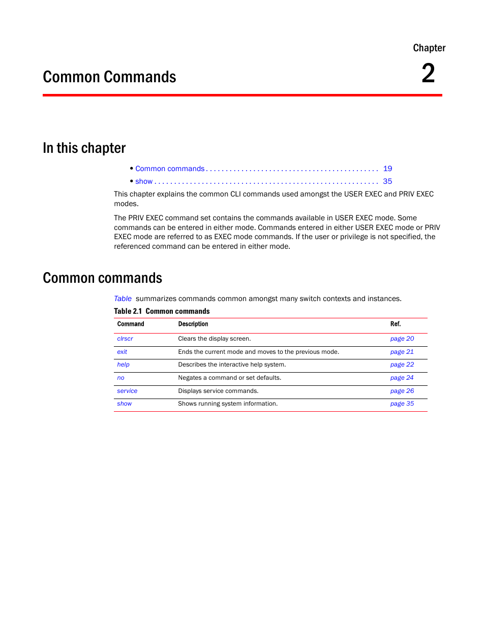 Common commands, In this chapter, 2 common commands | Chapter 2, “common commands, Chapter | Brocade Mobility RFS7000-GR Controller CLI Reference Guide (Supporting software release 4.1.0.0-040GR and later) User Manual | Page 33 / 607