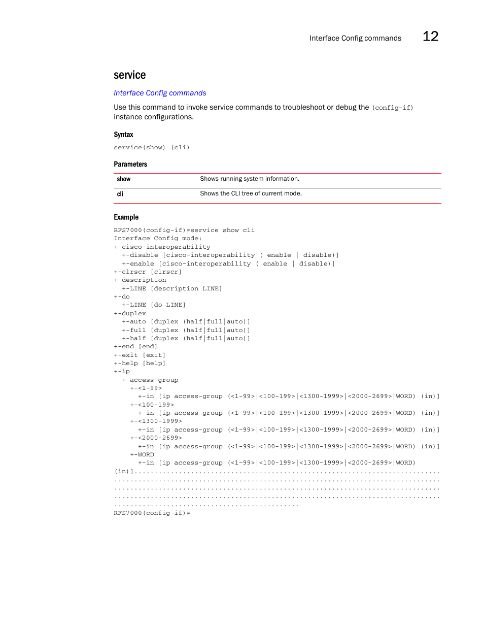Service | Brocade Mobility RFS7000-GR Controller CLI Reference Guide (Supporting software release 4.1.0.0-040GR and later) User Manual | Page 339 / 607