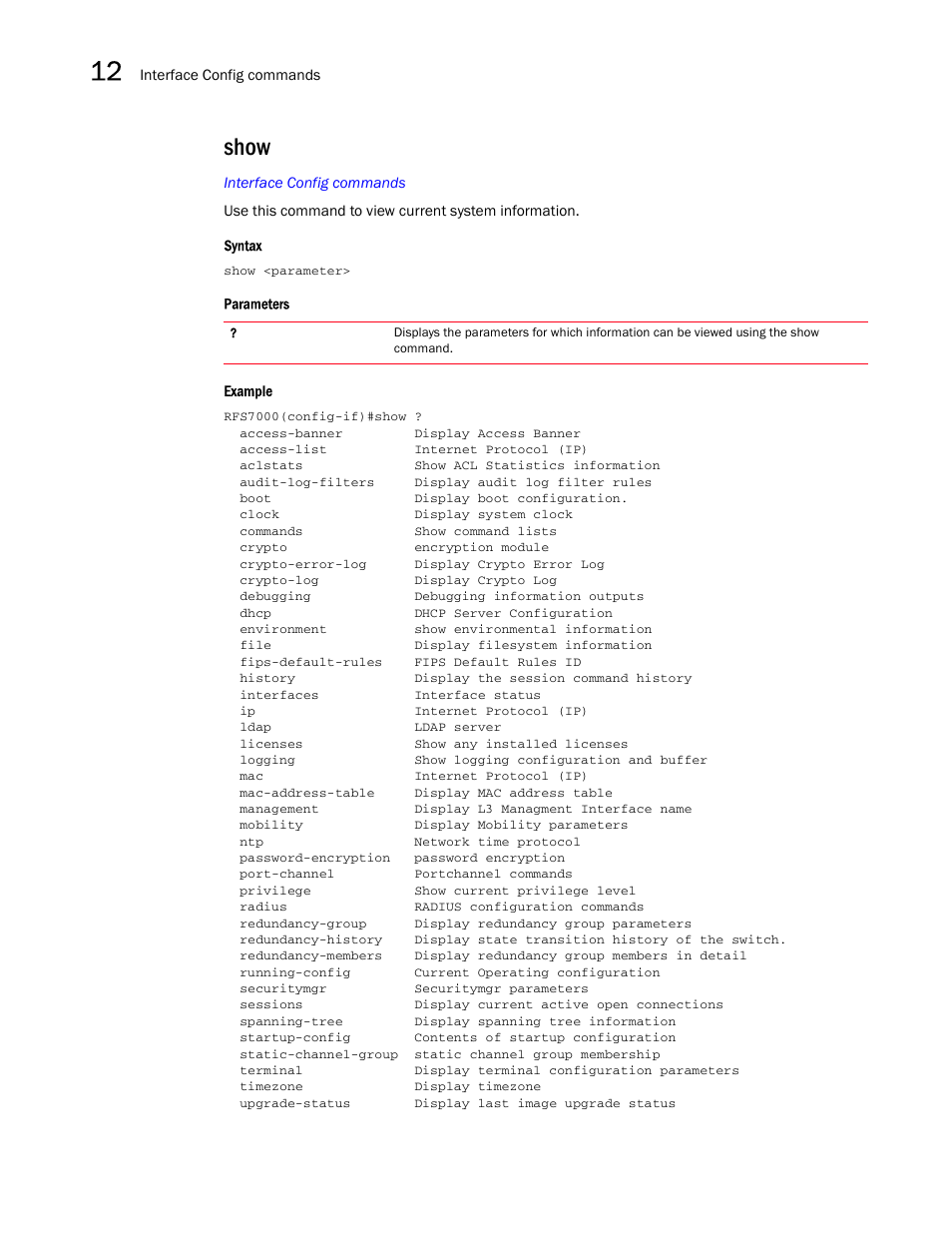 Show | Brocade Mobility RFS7000-GR Controller CLI Reference Guide (Supporting software release 4.1.0.0-040GR and later) User Manual | Page 340 / 607