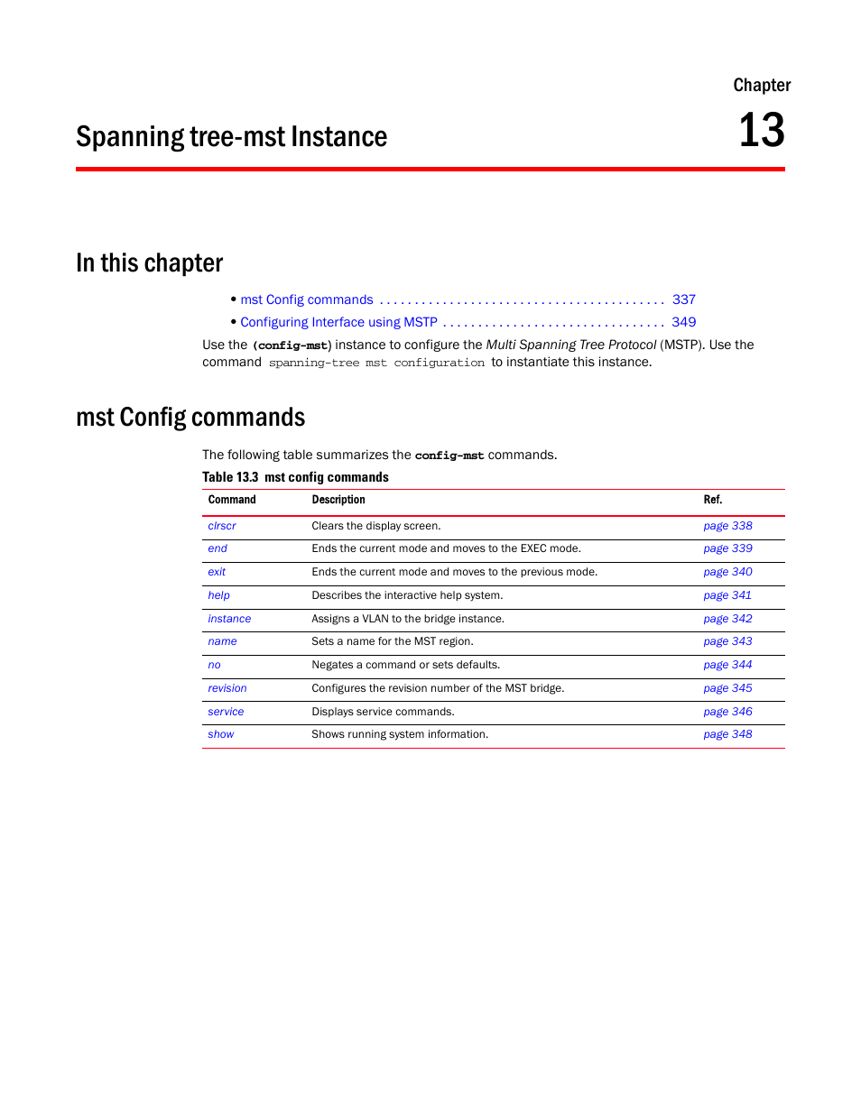 Spanning tree-mst instance, In this chapter, Mst config commands | 13 spanning tree-mst instance, Chapter 13, “spanning tree-mst instance, Chapter | Brocade Mobility RFS7000-GR Controller CLI Reference Guide (Supporting software release 4.1.0.0-040GR and later) User Manual | Page 351 / 607