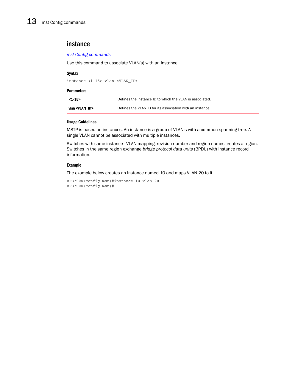 Instance | Brocade Mobility RFS7000-GR Controller CLI Reference Guide (Supporting software release 4.1.0.0-040GR and later) User Manual | Page 356 / 607