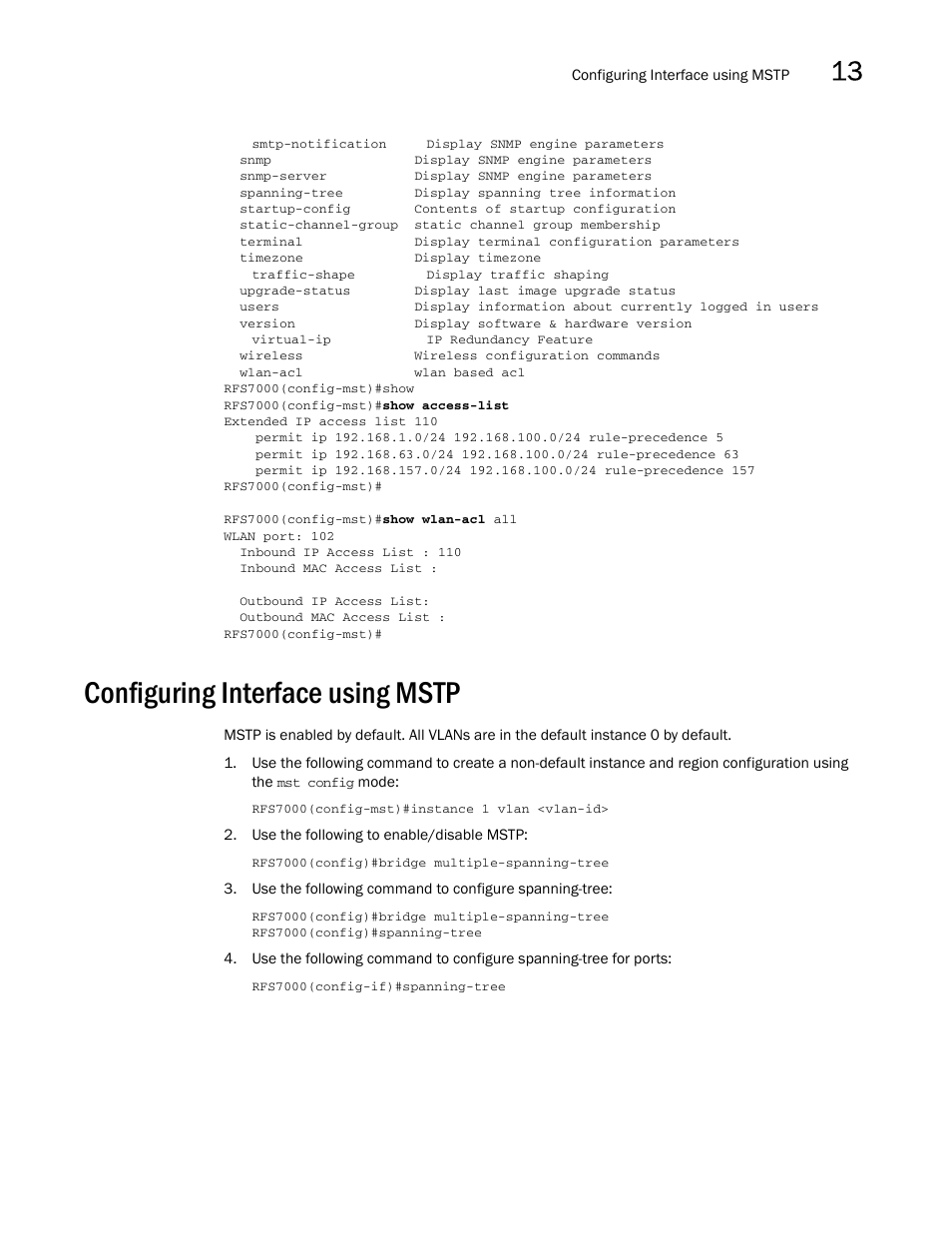 Configuring interface using mstp | Brocade Mobility RFS7000-GR Controller CLI Reference Guide (Supporting software release 4.1.0.0-040GR and later) User Manual | Page 363 / 607