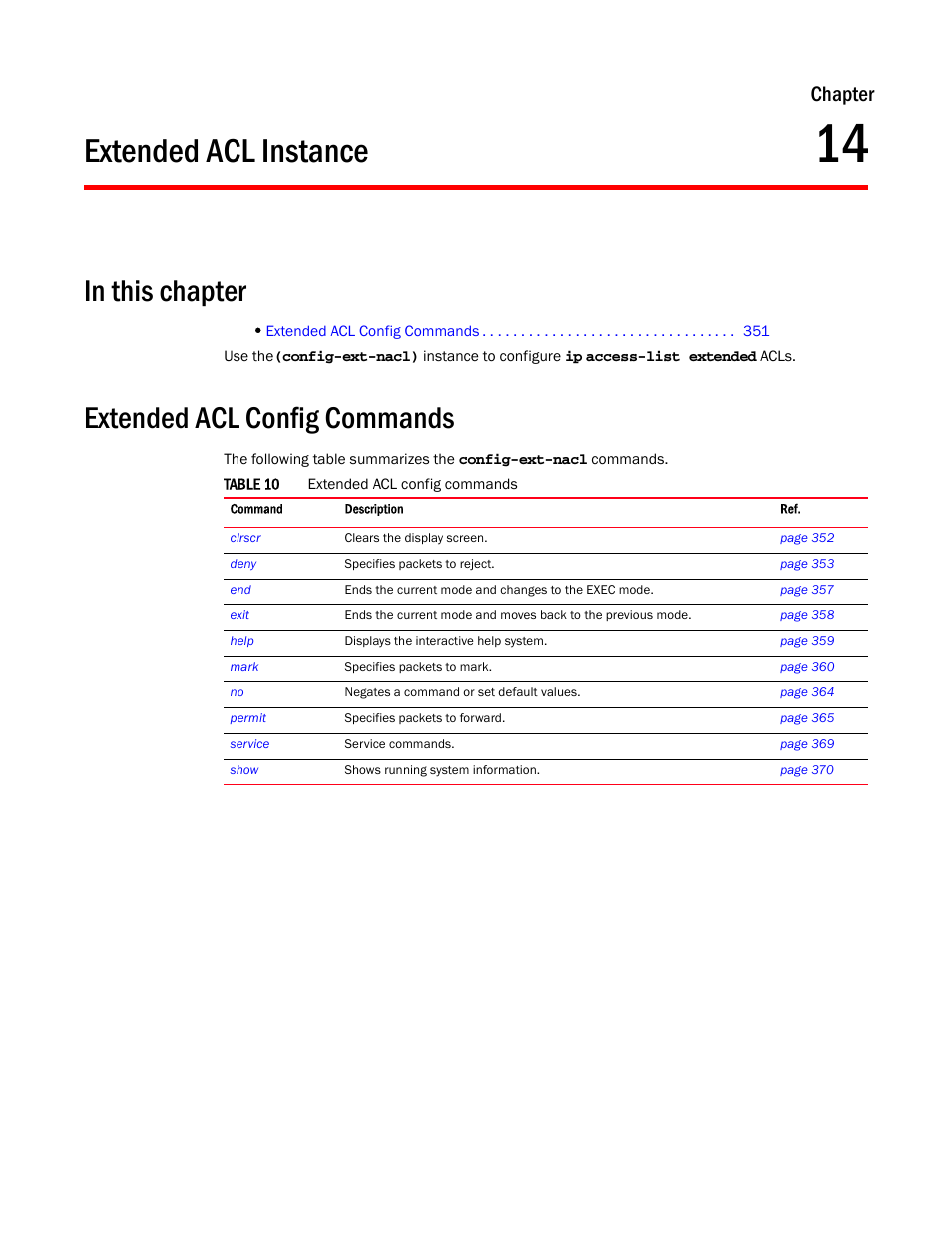 Extended acl instance, In this chapter, Extended acl config commands | 14 extended acl instance, Chapter 14, “extended acl instance, Chapter | Brocade Mobility RFS7000-GR Controller CLI Reference Guide (Supporting software release 4.1.0.0-040GR and later) User Manual | Page 365 / 607