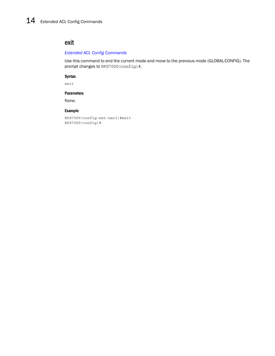 Exit | Brocade Mobility RFS7000-GR Controller CLI Reference Guide (Supporting software release 4.1.0.0-040GR and later) User Manual | Page 372 / 607