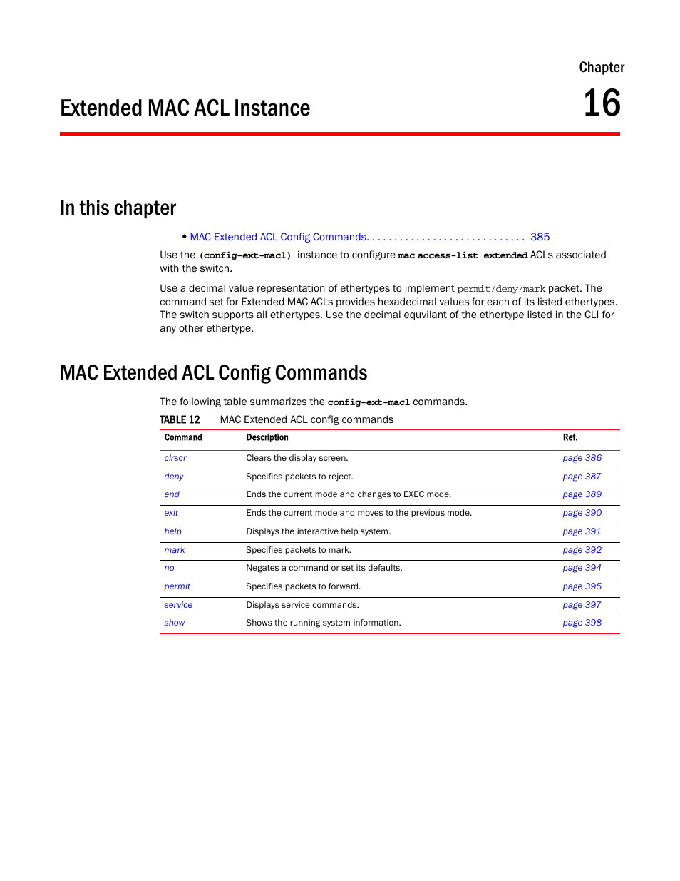 Extended mac acl instance, In this chapter, Mac extended acl config commands | 16 extended mac acl instance, Chapter 16, “extended mac acl instance, Chapter | Brocade Mobility RFS7000-GR Controller CLI Reference Guide (Supporting software release 4.1.0.0-040GR and later) User Manual | Page 399 / 607