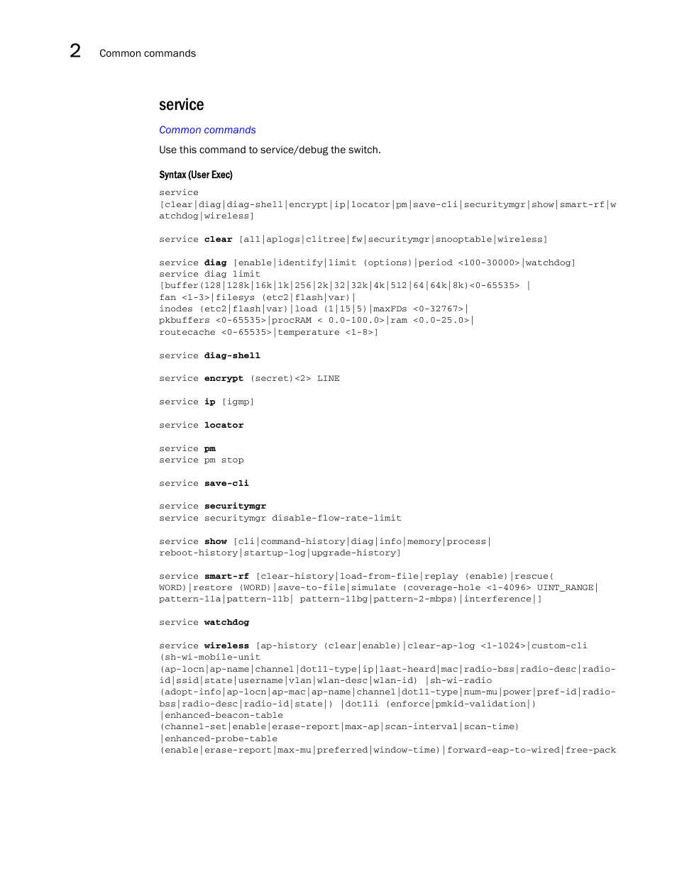 Service | Brocade Mobility RFS7000-GR Controller CLI Reference Guide (Supporting software release 4.1.0.0-040GR and later) User Manual | Page 40 / 607