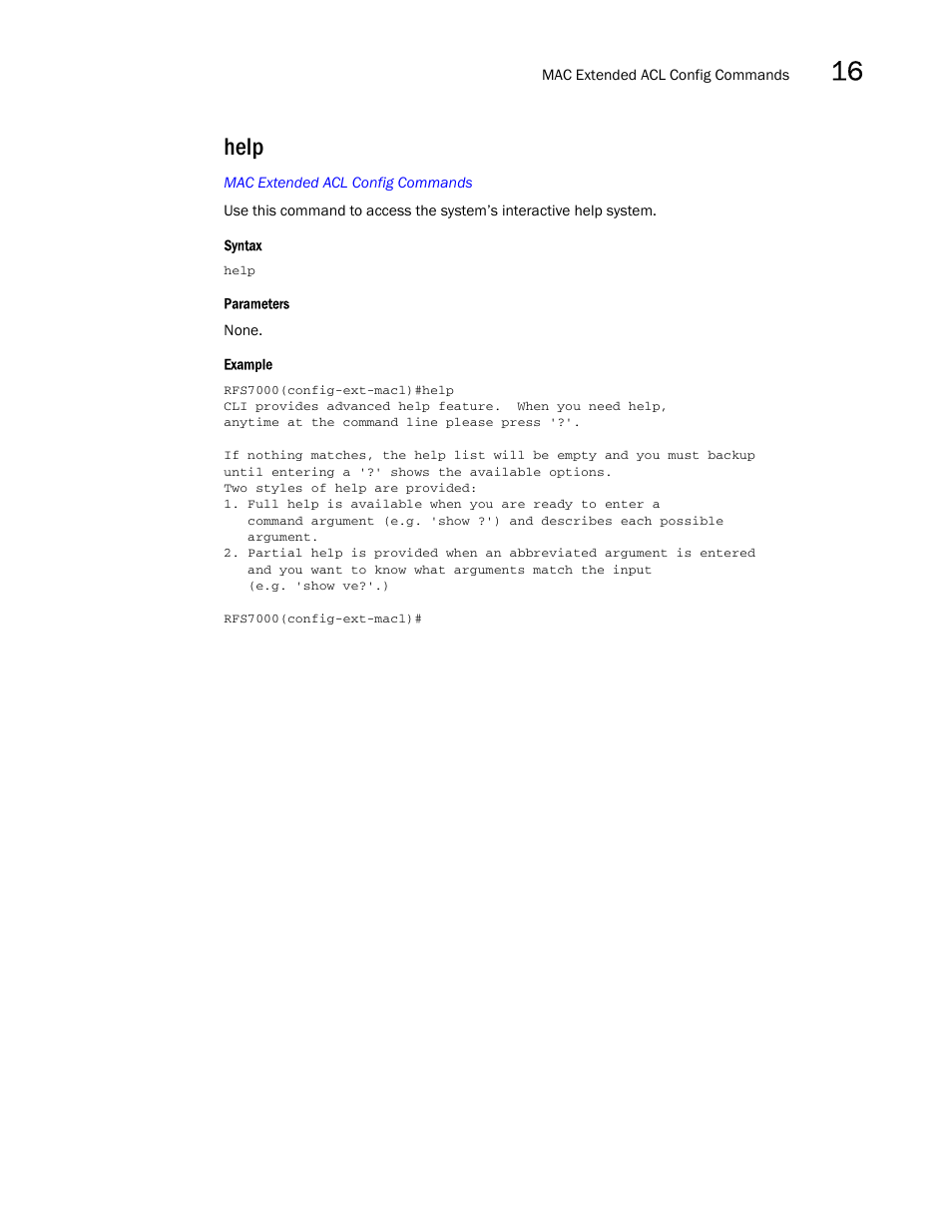 Help | Brocade Mobility RFS7000-GR Controller CLI Reference Guide (Supporting software release 4.1.0.0-040GR and later) User Manual | Page 405 / 607
