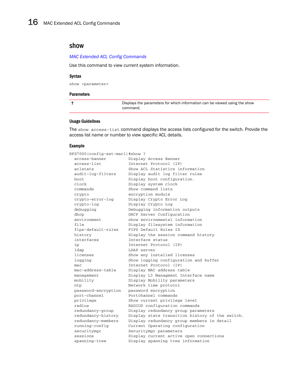 Show | Brocade Mobility RFS7000-GR Controller CLI Reference Guide (Supporting software release 4.1.0.0-040GR and later) User Manual | Page 412 / 607