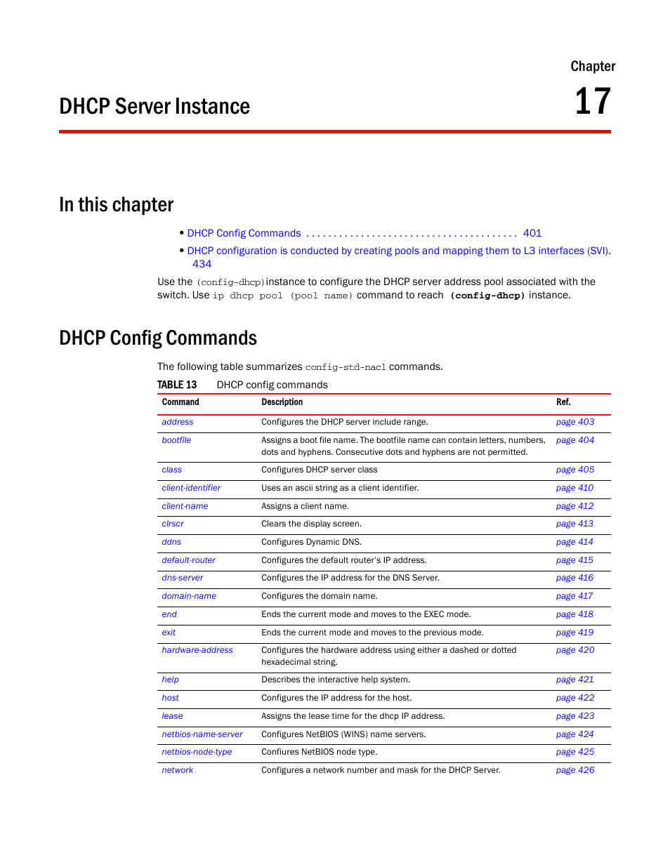 Dhcp server instance, In this chapter, Dhcp config commands | 17 dhcp server instance, Chapter 17, “dhcp server instance, Chapter | Brocade Mobility RFS7000-GR Controller CLI Reference Guide (Supporting software release 4.1.0.0-040GR and later) User Manual | Page 415 / 607