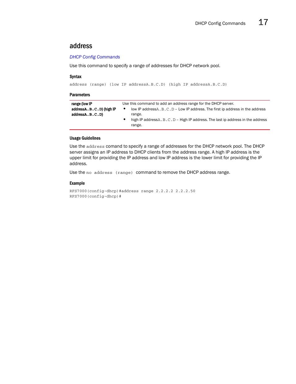 Address | Brocade Mobility RFS7000-GR Controller CLI Reference Guide (Supporting software release 4.1.0.0-040GR and later) User Manual | Page 417 / 607