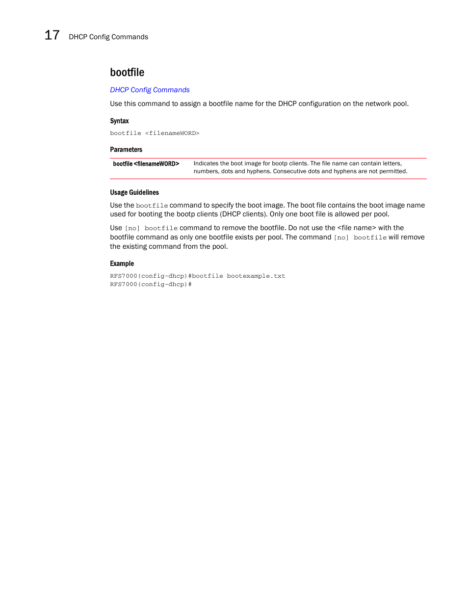 Bootfile | Brocade Mobility RFS7000-GR Controller CLI Reference Guide (Supporting software release 4.1.0.0-040GR and later) User Manual | Page 418 / 607