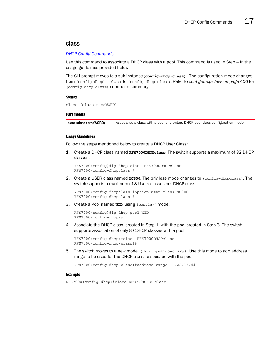 Class | Brocade Mobility RFS7000-GR Controller CLI Reference Guide (Supporting software release 4.1.0.0-040GR and later) User Manual | Page 419 / 607
