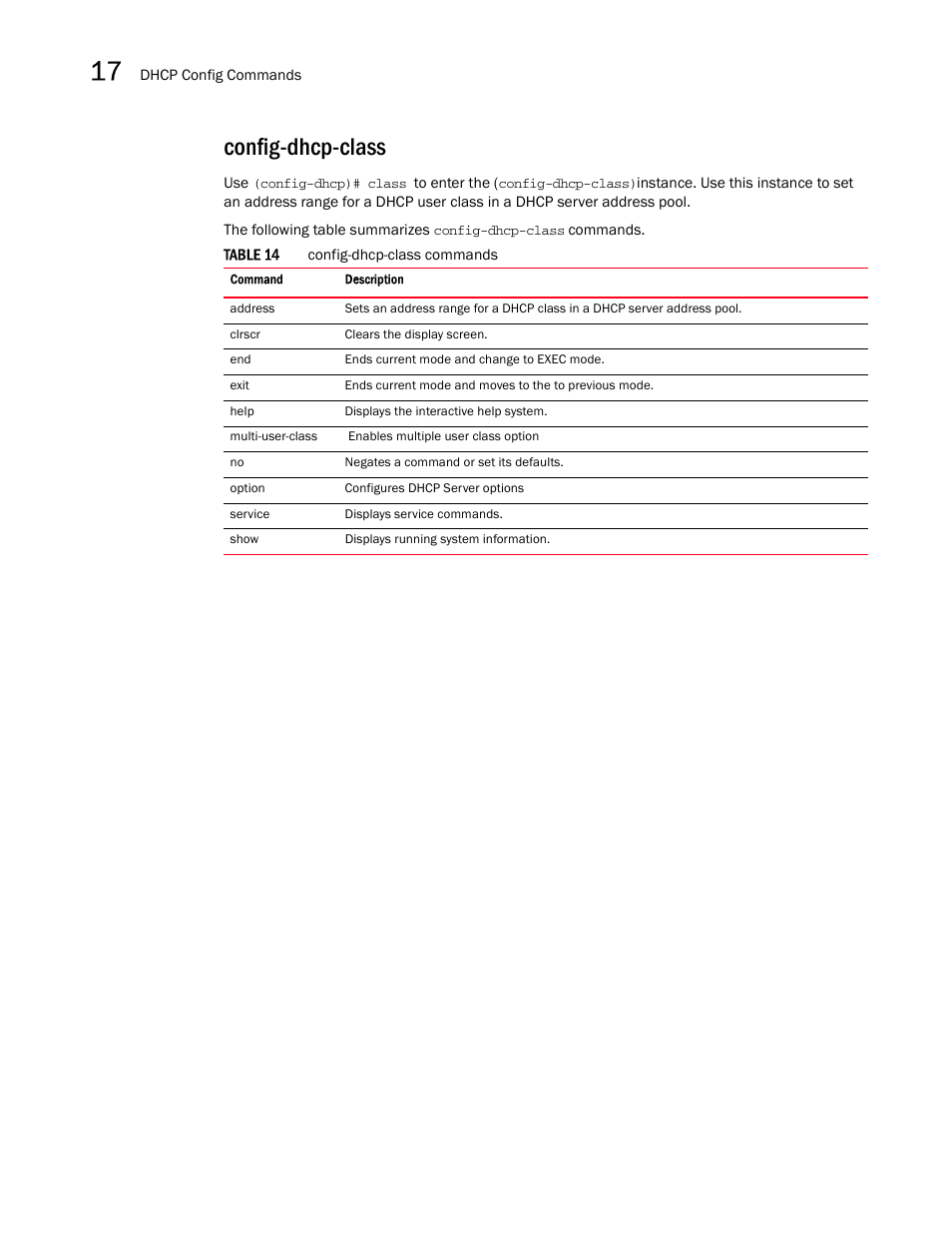 Config-dhcp-class | Brocade Mobility RFS7000-GR Controller CLI Reference Guide (Supporting software release 4.1.0.0-040GR and later) User Manual | Page 420 / 607