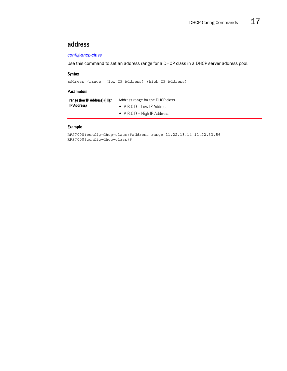 Address | Brocade Mobility RFS7000-GR Controller CLI Reference Guide (Supporting software release 4.1.0.0-040GR and later) User Manual | Page 421 / 607