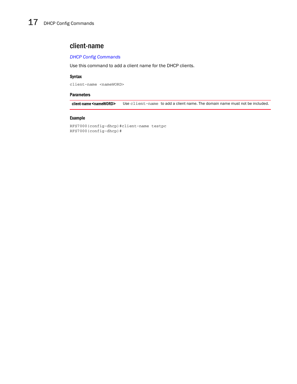 Client-name | Brocade Mobility RFS7000-GR Controller CLI Reference Guide (Supporting software release 4.1.0.0-040GR and later) User Manual | Page 426 / 607