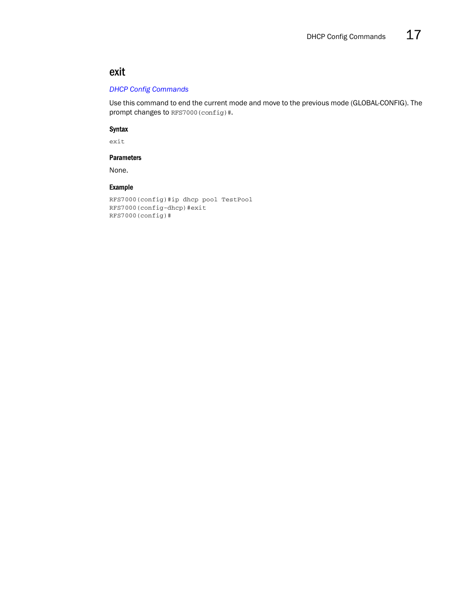 Exit | Brocade Mobility RFS7000-GR Controller CLI Reference Guide (Supporting software release 4.1.0.0-040GR and later) User Manual | Page 433 / 607