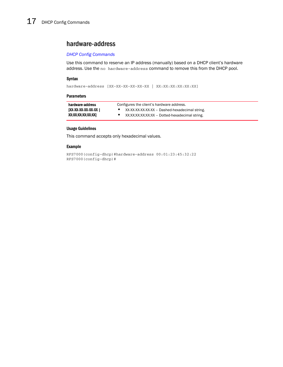 Hardware-address | Brocade Mobility RFS7000-GR Controller CLI Reference Guide (Supporting software release 4.1.0.0-040GR and later) User Manual | Page 434 / 607