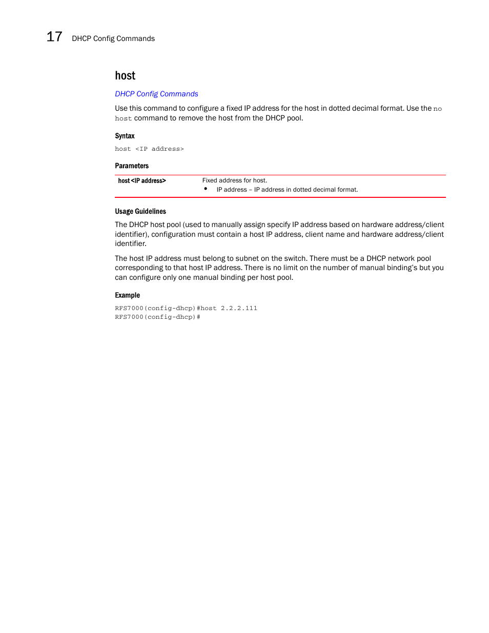 Host | Brocade Mobility RFS7000-GR Controller CLI Reference Guide (Supporting software release 4.1.0.0-040GR and later) User Manual | Page 436 / 607