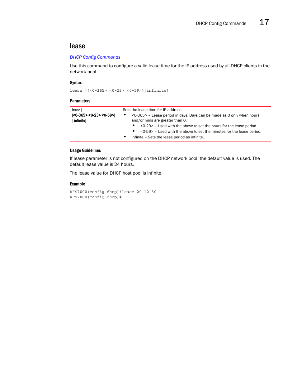 Lease | Brocade Mobility RFS7000-GR Controller CLI Reference Guide (Supporting software release 4.1.0.0-040GR and later) User Manual | Page 437 / 607