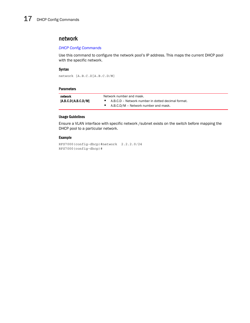 Network | Brocade Mobility RFS7000-GR Controller CLI Reference Guide (Supporting software release 4.1.0.0-040GR and later) User Manual | Page 440 / 607