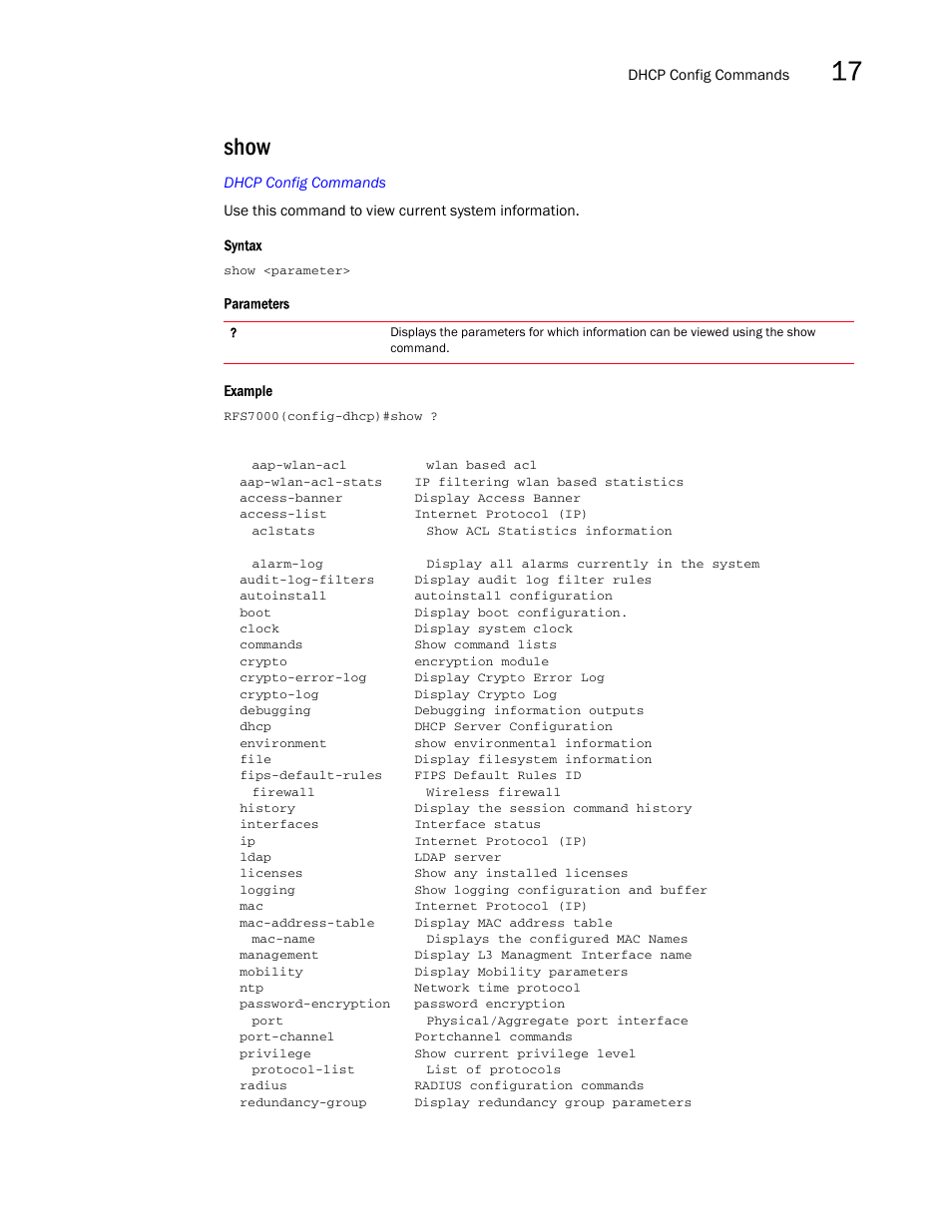 Show | Brocade Mobility RFS7000-GR Controller CLI Reference Guide (Supporting software release 4.1.0.0-040GR and later) User Manual | Page 445 / 607