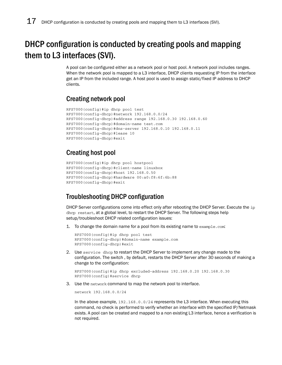 Creating network pool, Creating host pool, Troubleshooting dhcp configuration | Brocade Mobility RFS7000-GR Controller CLI Reference Guide (Supporting software release 4.1.0.0-040GR and later) User Manual | Page 448 / 607