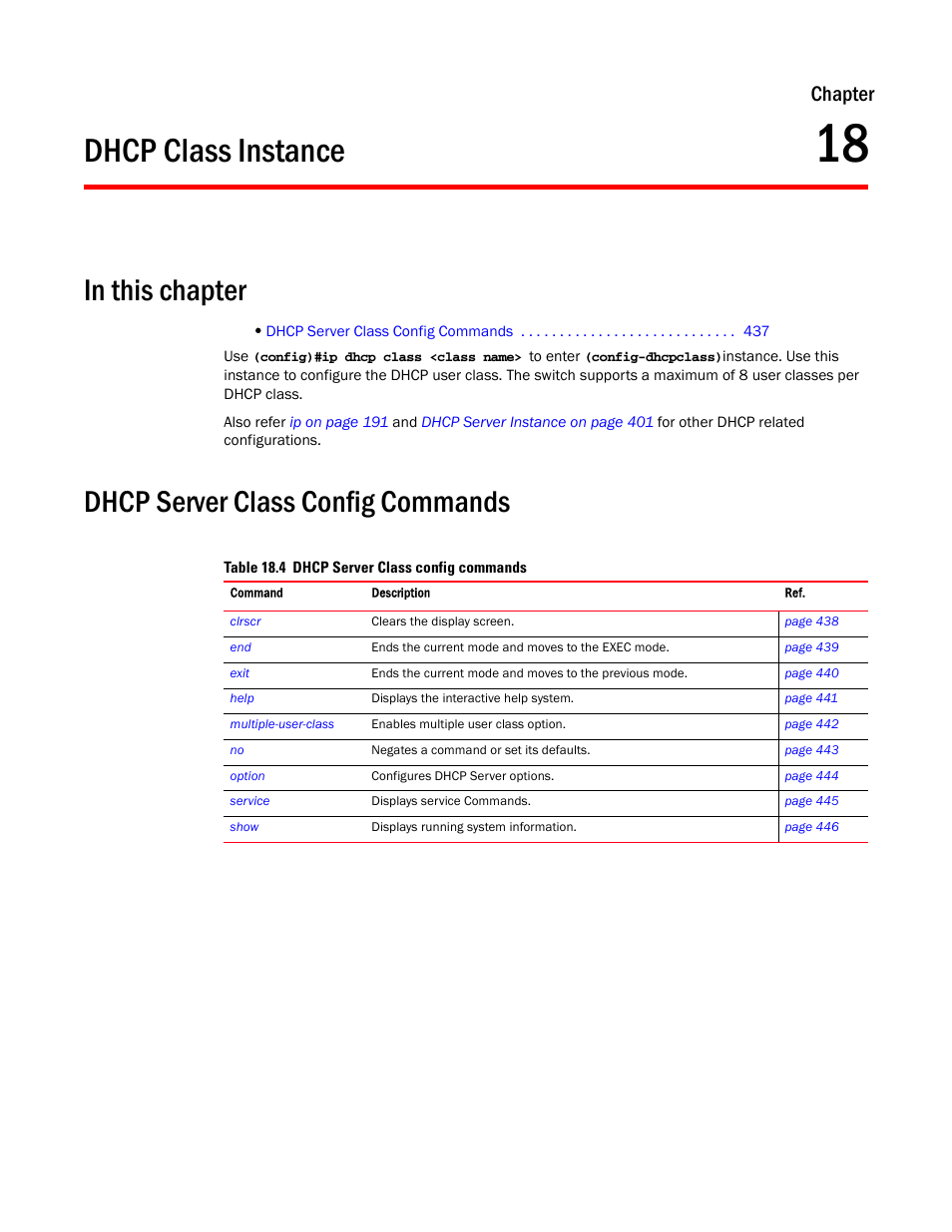 Dhcp class instance, In this chapter, Dhcp server class config commands | 18 dhcp class instance, Chapter 18, “dhcp class instance, Chapter | Brocade Mobility RFS7000-GR Controller CLI Reference Guide (Supporting software release 4.1.0.0-040GR and later) User Manual | Page 451 / 607