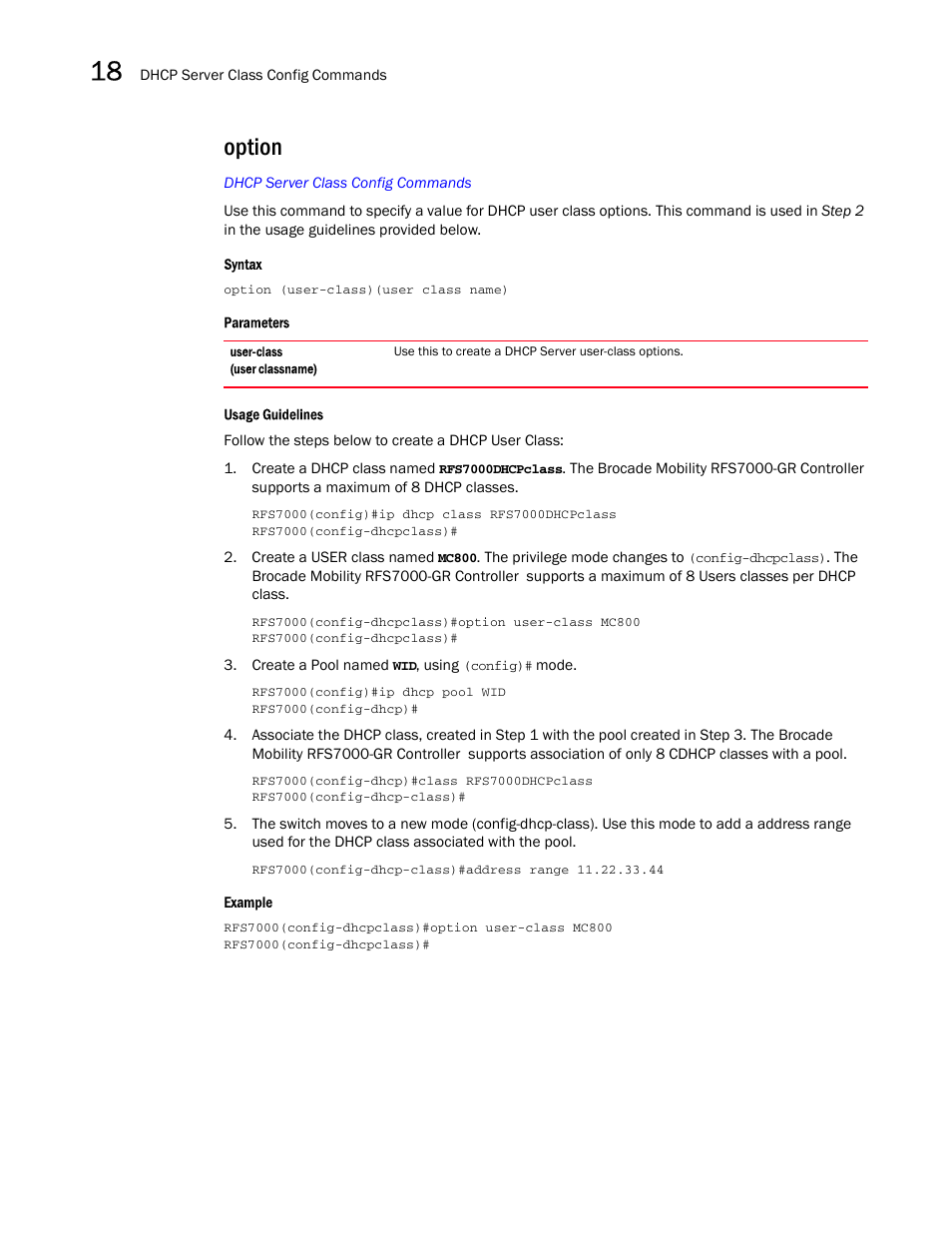 Option | Brocade Mobility RFS7000-GR Controller CLI Reference Guide (Supporting software release 4.1.0.0-040GR and later) User Manual | Page 458 / 607