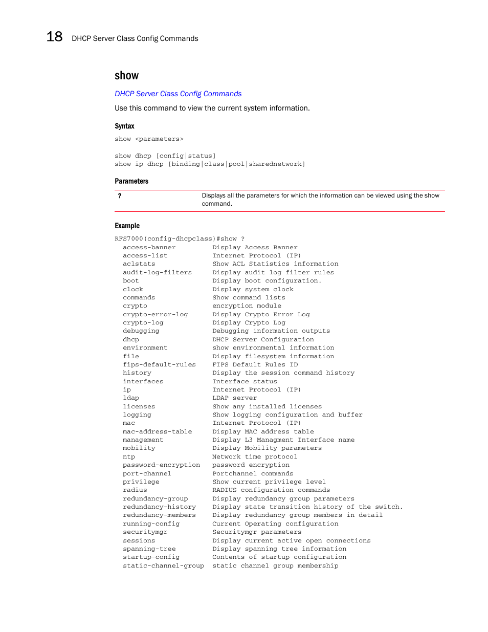 Show | Brocade Mobility RFS7000-GR Controller CLI Reference Guide (Supporting software release 4.1.0.0-040GR and later) User Manual | Page 460 / 607