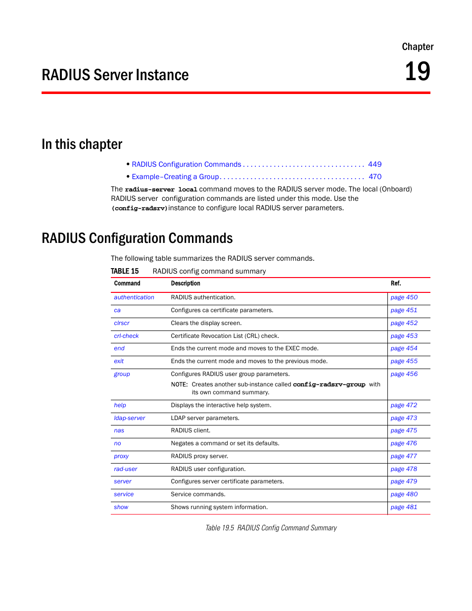 Radius server instance, In this chapter, Radius configuration commands | 19 radius server instance, Chapter 19, “radius server instance, Radius, Chapter | Brocade Mobility RFS7000-GR Controller CLI Reference Guide (Supporting software release 4.1.0.0-040GR and later) User Manual | Page 463 / 607