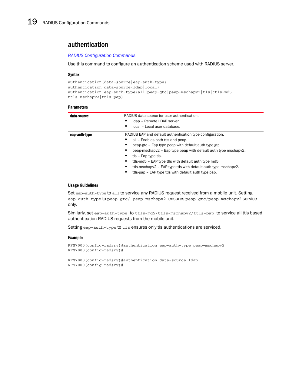 Authentication | Brocade Mobility RFS7000-GR Controller CLI Reference Guide (Supporting software release 4.1.0.0-040GR and later) User Manual | Page 464 / 607