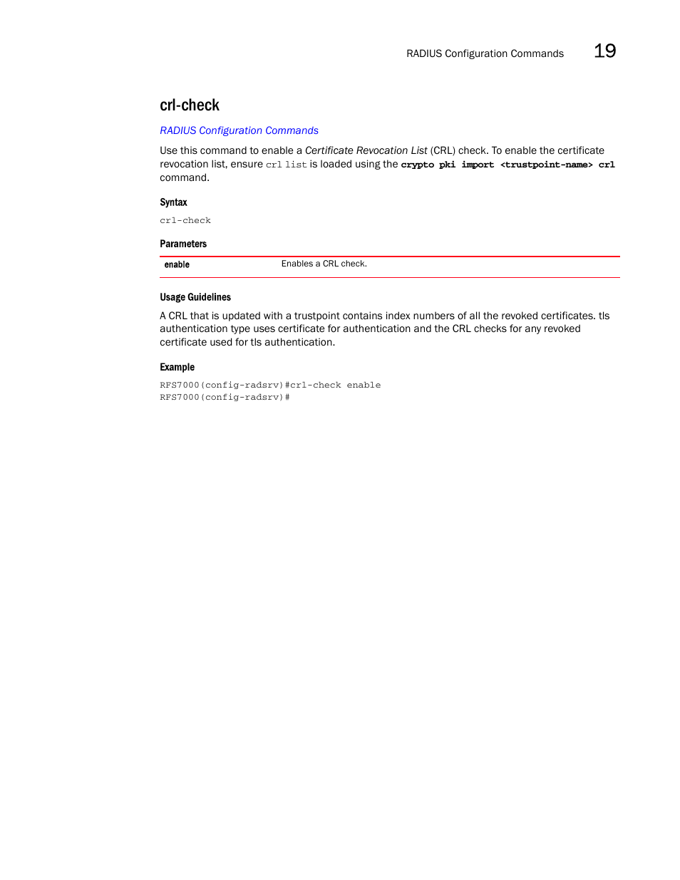 Crl-check | Brocade Mobility RFS7000-GR Controller CLI Reference Guide (Supporting software release 4.1.0.0-040GR and later) User Manual | Page 467 / 607