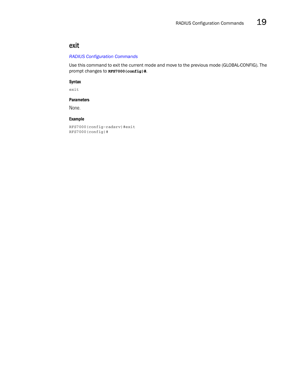 Exit | Brocade Mobility RFS7000-GR Controller CLI Reference Guide (Supporting software release 4.1.0.0-040GR and later) User Manual | Page 469 / 607