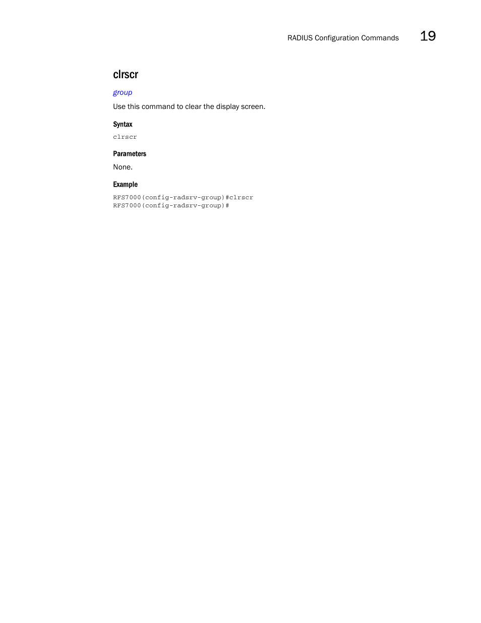 Clrscr | Brocade Mobility RFS7000-GR Controller CLI Reference Guide (Supporting software release 4.1.0.0-040GR and later) User Manual | Page 471 / 607