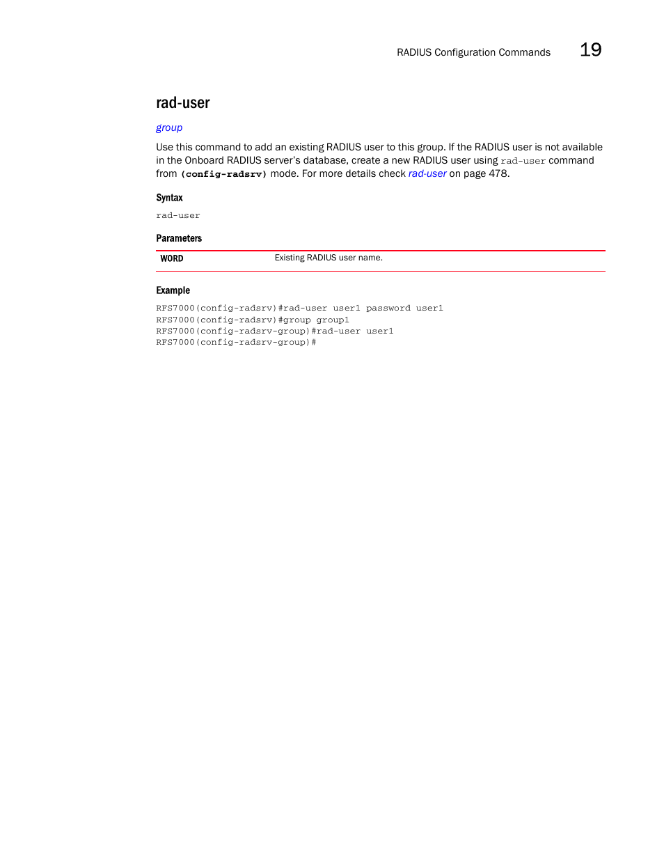 Rad-user | Brocade Mobility RFS7000-GR Controller CLI Reference Guide (Supporting software release 4.1.0.0-040GR and later) User Manual | Page 479 / 607