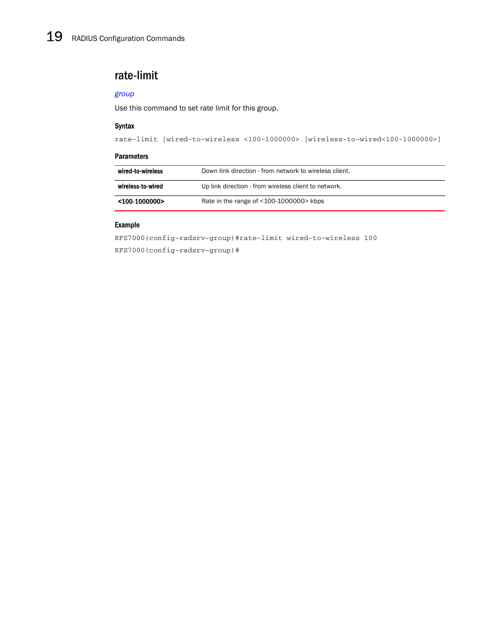 Rate-limit | Brocade Mobility RFS7000-GR Controller CLI Reference Guide (Supporting software release 4.1.0.0-040GR and later) User Manual | Page 480 / 607