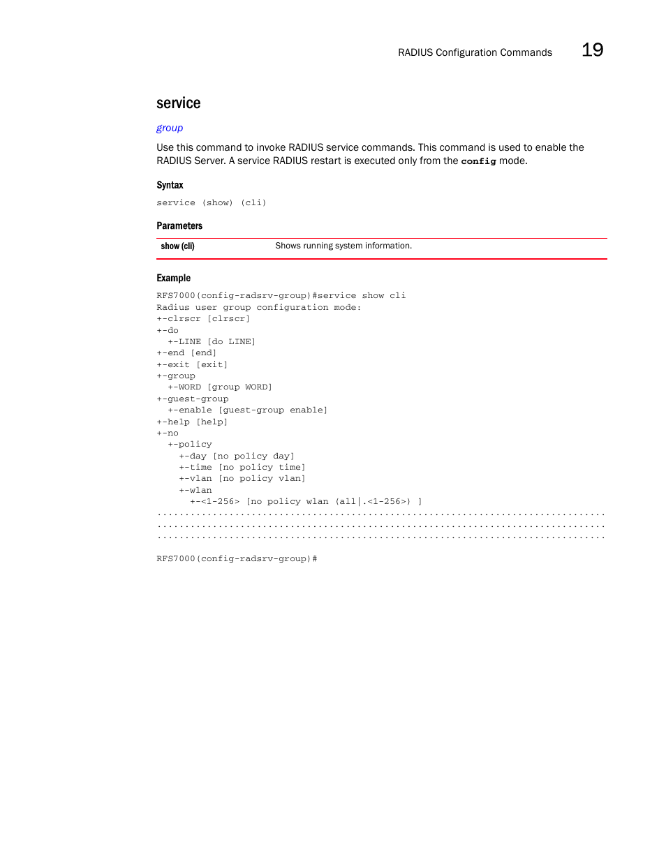 Service | Brocade Mobility RFS7000-GR Controller CLI Reference Guide (Supporting software release 4.1.0.0-040GR and later) User Manual | Page 481 / 607