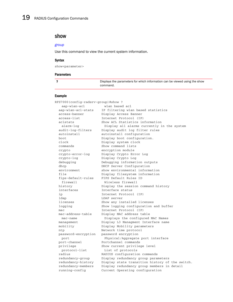 Show | Brocade Mobility RFS7000-GR Controller CLI Reference Guide (Supporting software release 4.1.0.0-040GR and later) User Manual | Page 482 / 607