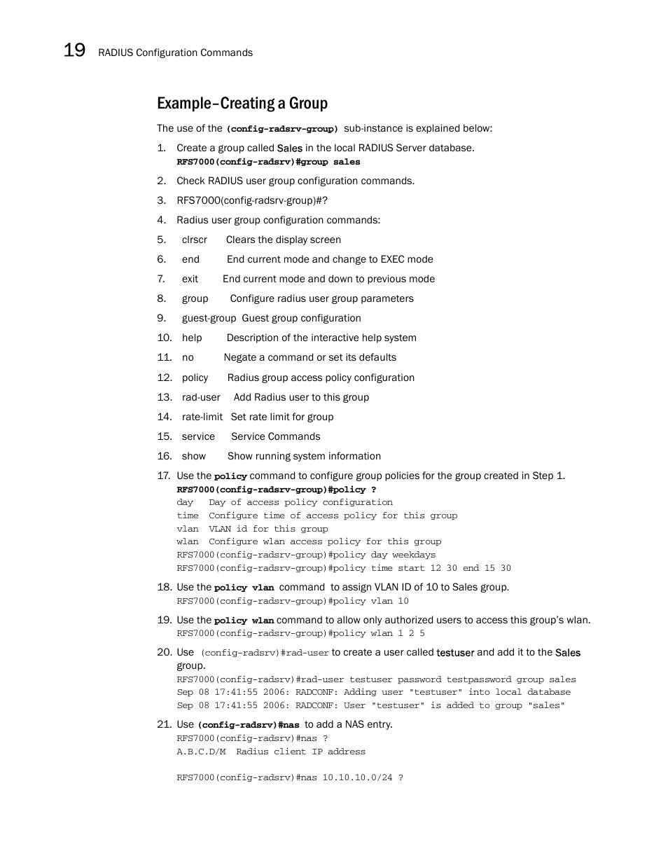 Example-creating a group, Example–creating a group | Brocade Mobility RFS7000-GR Controller CLI Reference Guide (Supporting software release 4.1.0.0-040GR and later) User Manual | Page 484 / 607