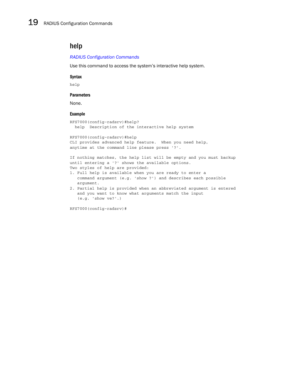 Help | Brocade Mobility RFS7000-GR Controller CLI Reference Guide (Supporting software release 4.1.0.0-040GR and later) User Manual | Page 486 / 607