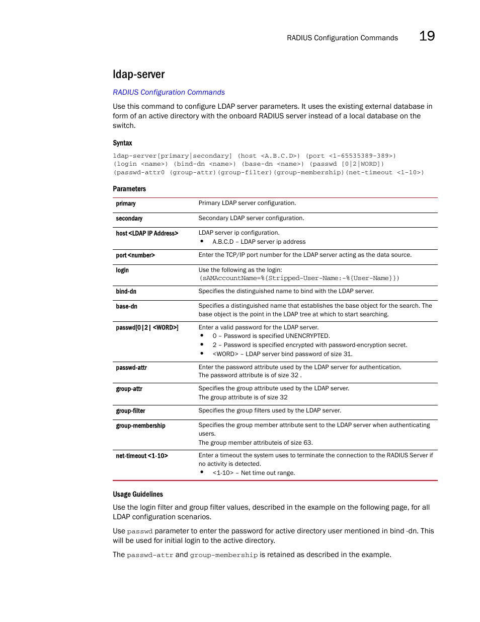 Ldap-server | Brocade Mobility RFS7000-GR Controller CLI Reference Guide (Supporting software release 4.1.0.0-040GR and later) User Manual | Page 487 / 607