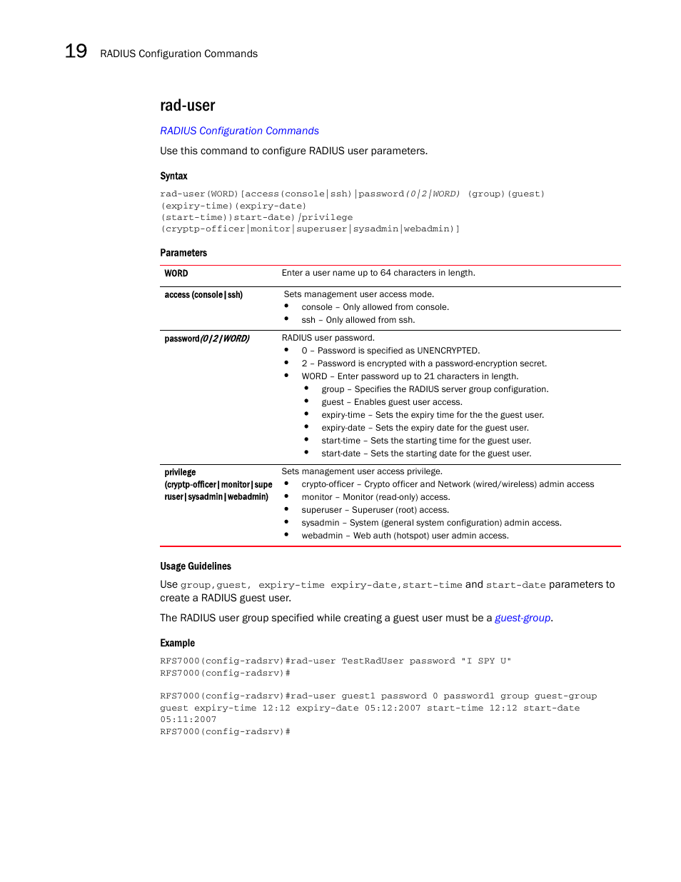 Rad-user | Brocade Mobility RFS7000-GR Controller CLI Reference Guide (Supporting software release 4.1.0.0-040GR and later) User Manual | Page 492 / 607
