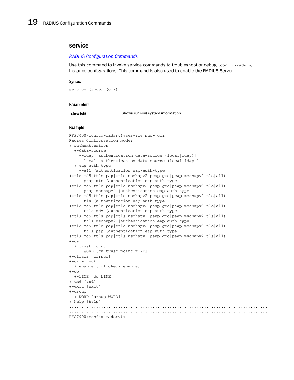 Service | Brocade Mobility RFS7000-GR Controller CLI Reference Guide (Supporting software release 4.1.0.0-040GR and later) User Manual | Page 494 / 607