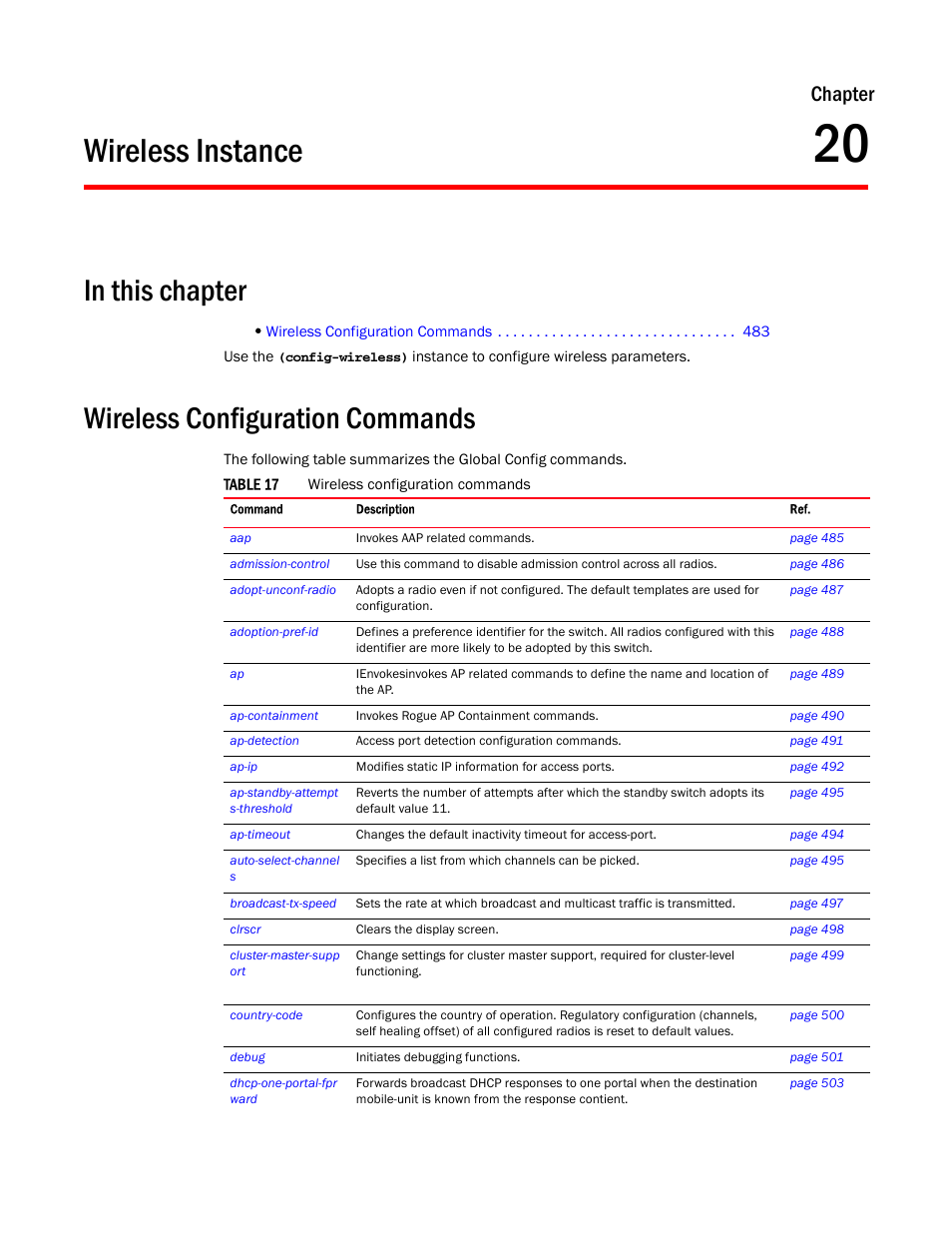 Wireless instance, In this chapter, Wireless configuration commands | 20 wireless instance, Chapter 20, “wireless instance, Chapter | Brocade Mobility RFS7000-GR Controller CLI Reference Guide (Supporting software release 4.1.0.0-040GR and later) User Manual | Page 497 / 607